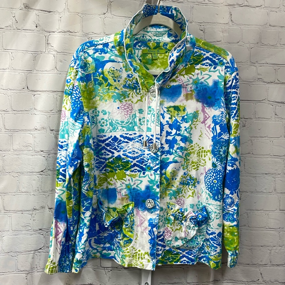 Joni B artsy ruffled pocket tie neck button up jacket size PL